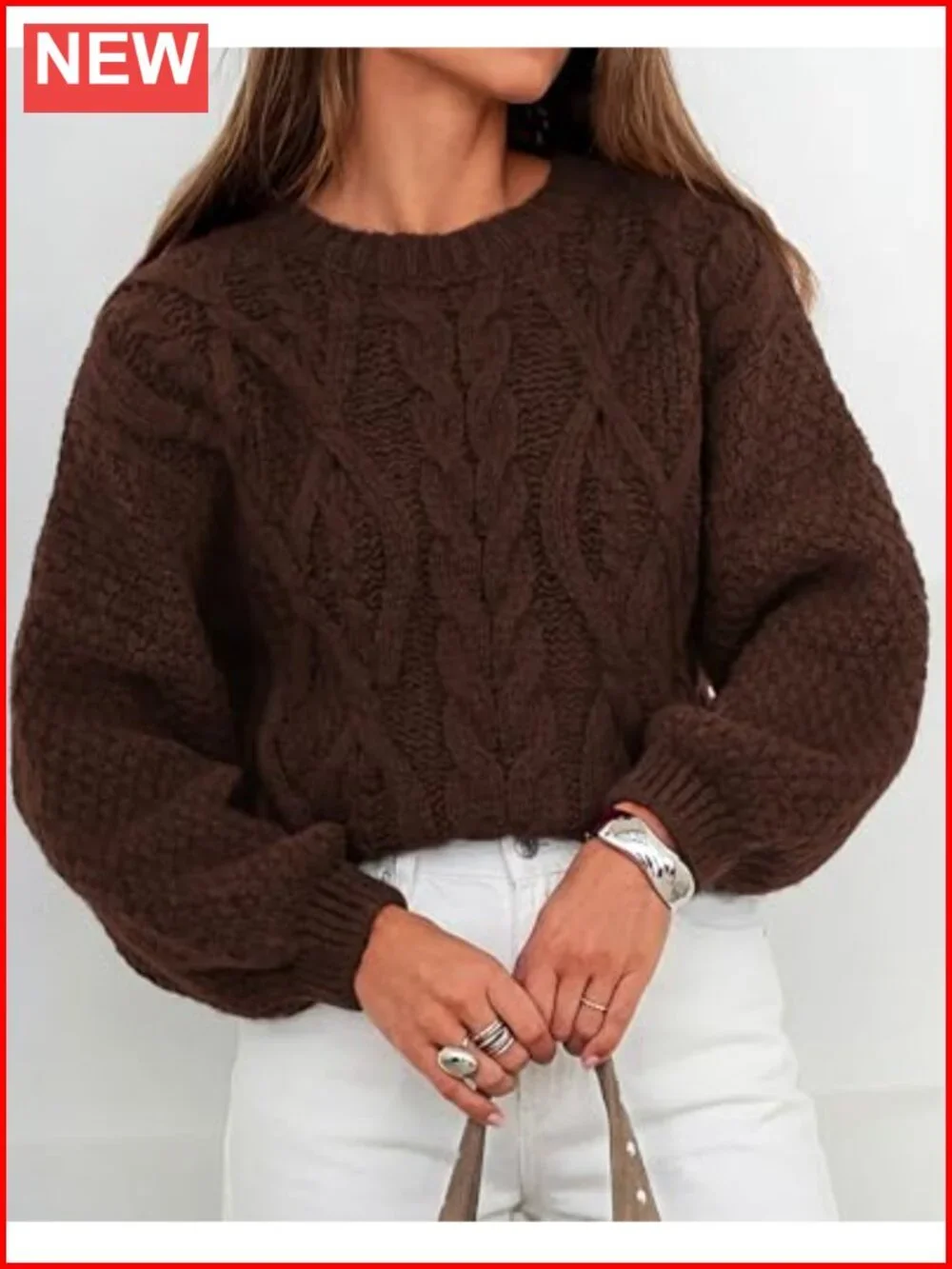 Womens Oversized Cable Knit Sweater Crew Neck Puff Sleeve Pullover